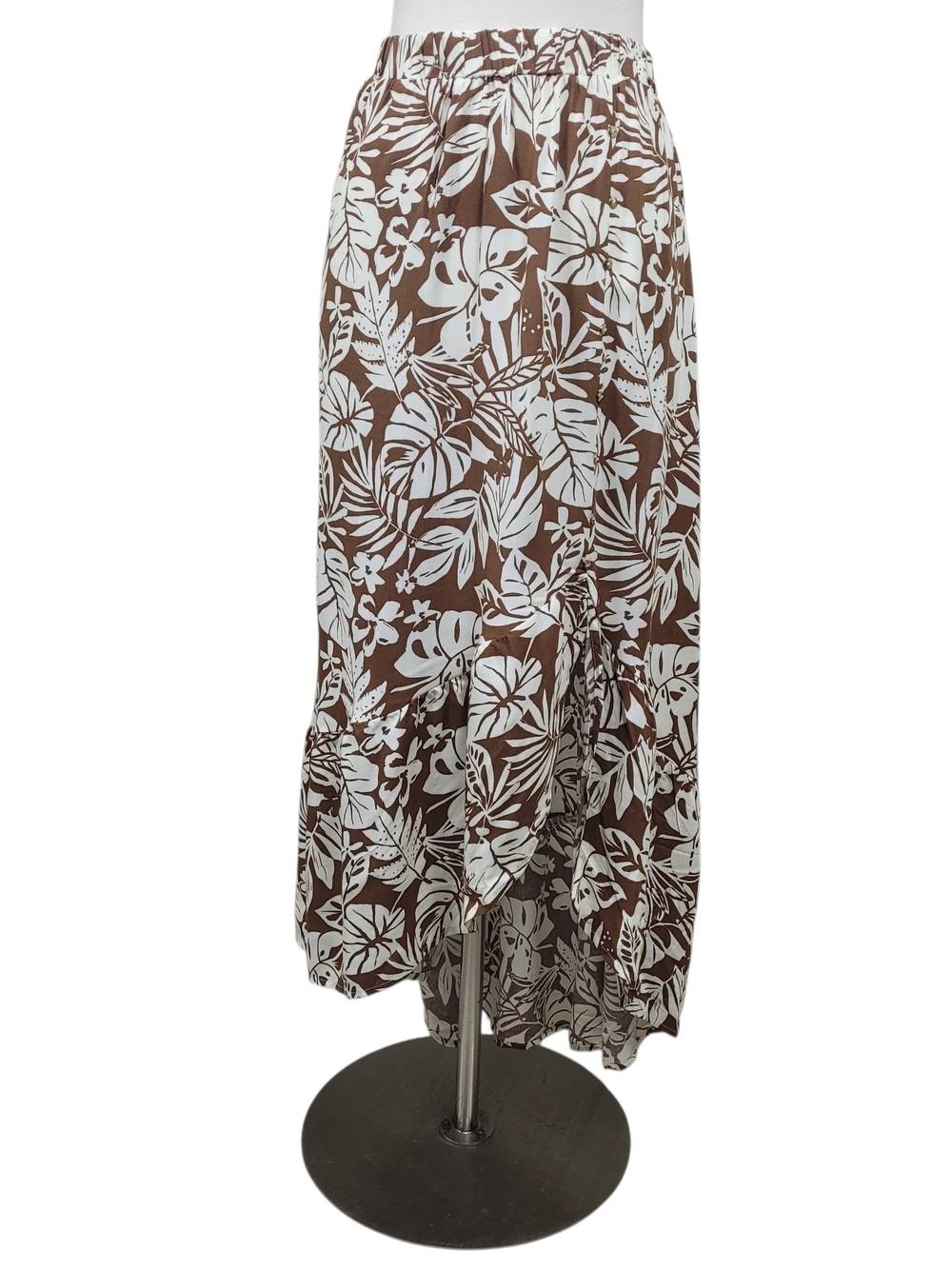 Indigo Rose Brown White Asymmetrical Tropical Floral Maxi Skirt Size Medium